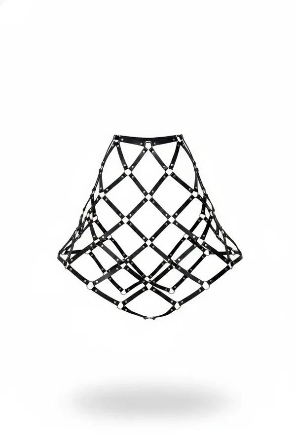 Black faux leather diamond lattice cage skirt harness with silver-tone studs at each strap intersection, open bell silhouette