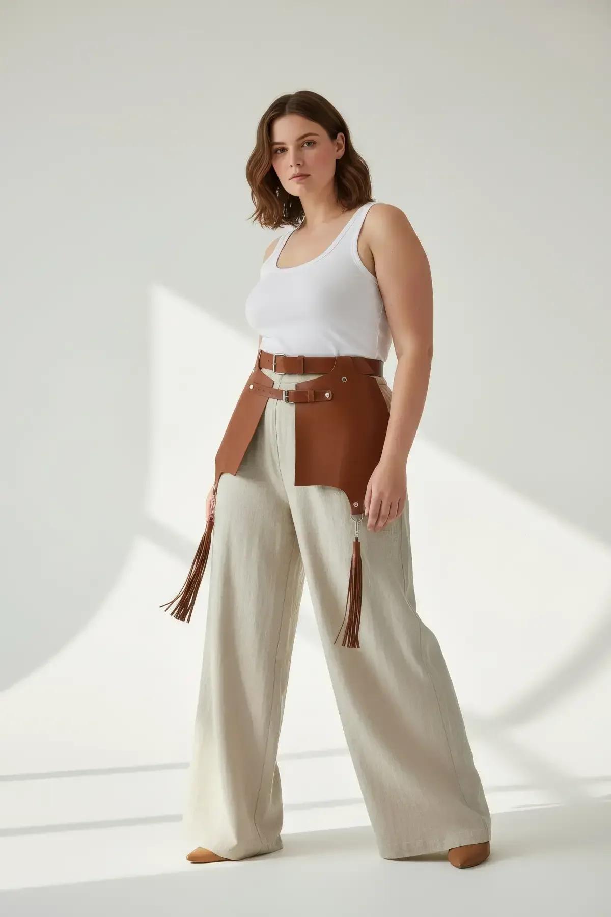 cognac brown PU leather waist harness showing dual adjustable strap buckles at front close-up