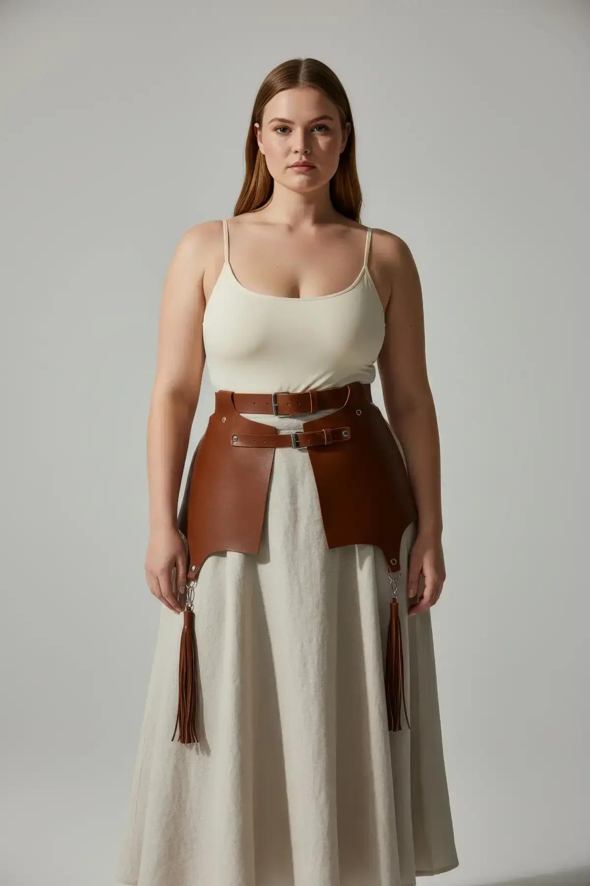 tan vegan leather waist harness flat lay showing panel width hardware and tassel length detail