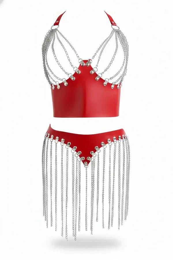 Red faux leather chain draped halter top and mini skirt set with silver O-ring fringe hardware, front view