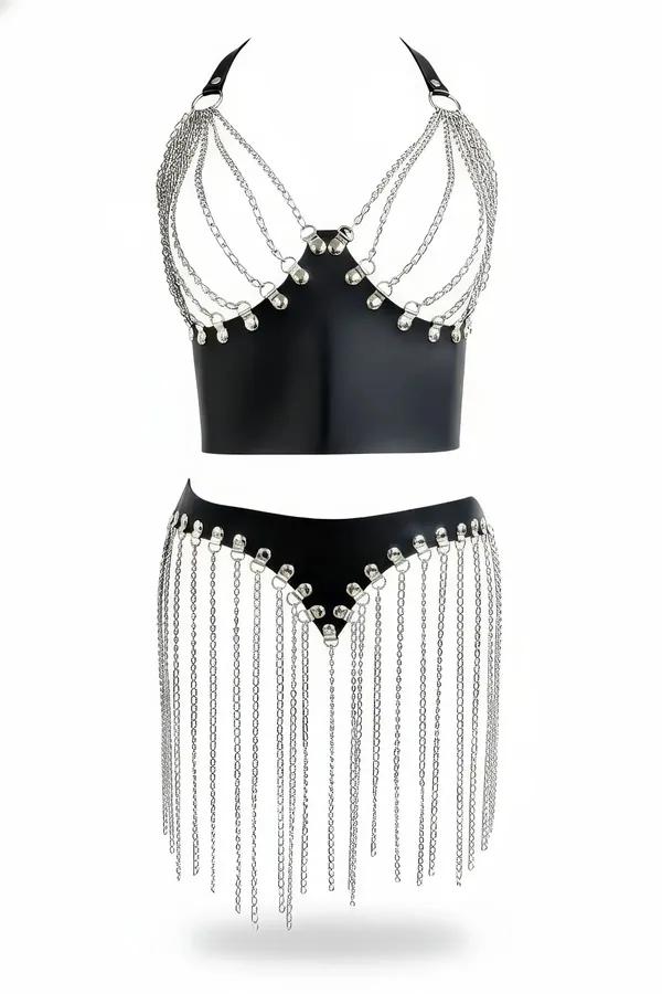 Black faux leather halter harness crop top with multi-row silver chains and matching chain-fringe mini skirt set