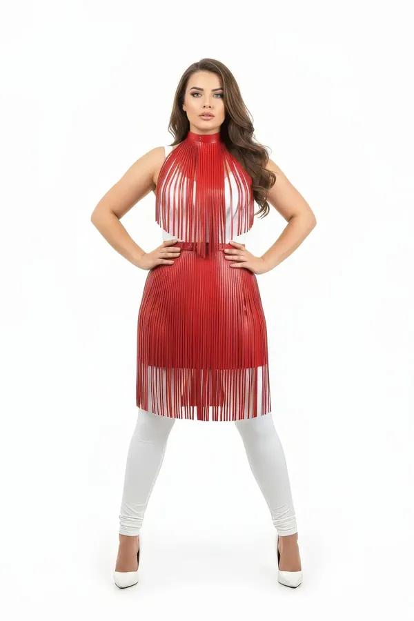 Red faux leather fringe body harness with high turtleneck collar and integrated waist belt, worn over white leggings