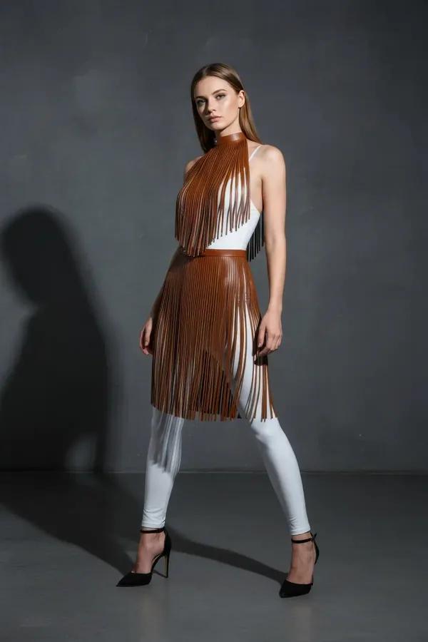 Cognac vegan leather fringe halter harness set with waist skirt overlay worn over white leggings, long vertical fringe strips