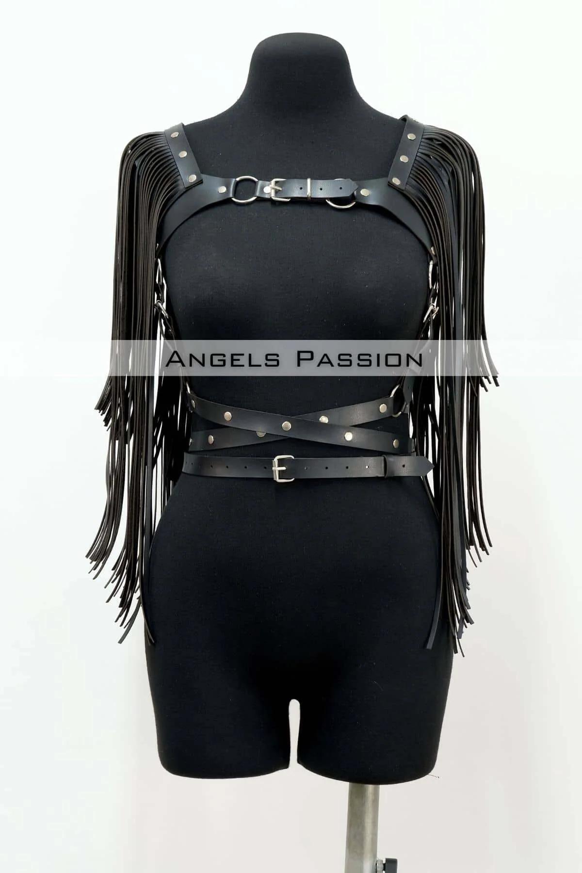 Püskül Detaylı Deri Göğüs Harness, Deri Harness Püsküllü Ceket