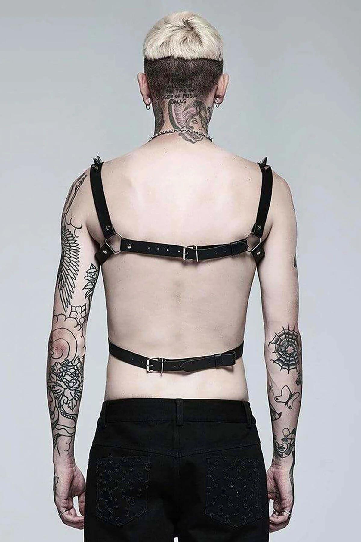 adjustable buckle detail on black PU leather mens chest harness strap