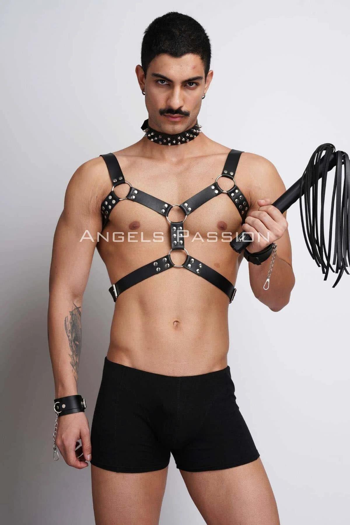 Kırbaç ve Çivili Choker Detaylı Erkek Fantazi Giyim, Deri Erkek Harness Takım - APFTM102