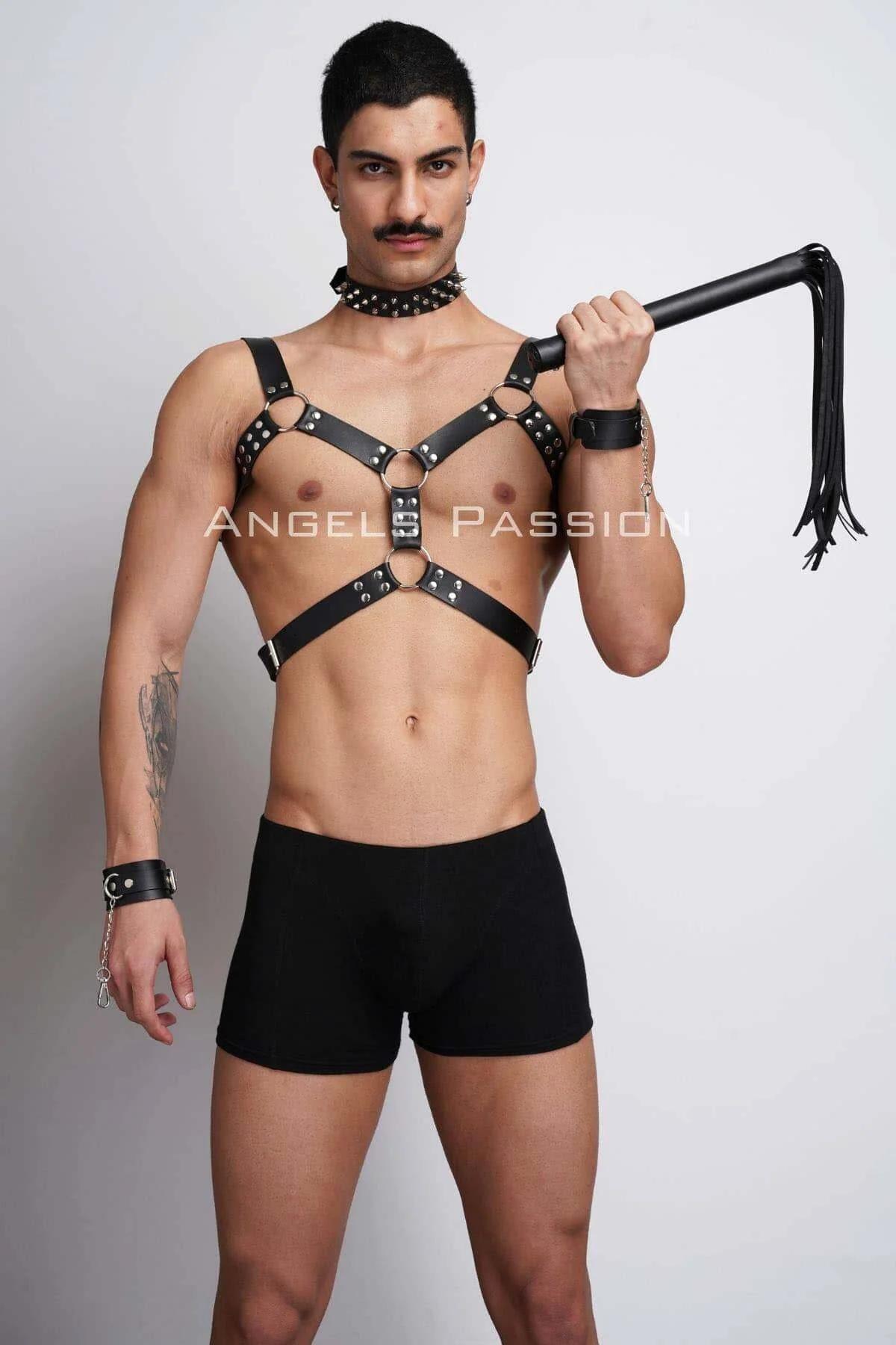 Kırbaç ve Çivili Choker Detaylı Erkek Fantazi Giyim, Deri Erkek Harness Takım - APFTM102