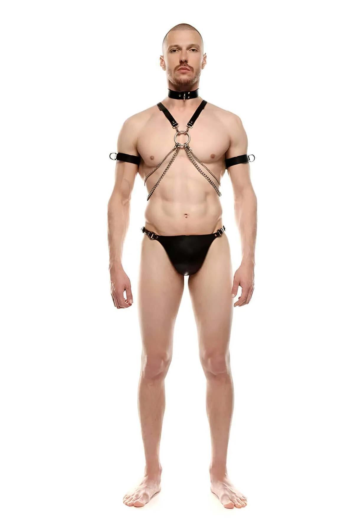 Altın bronz zincir dört sıra göğüsten bele erkek harness siyah deri bant detayı
