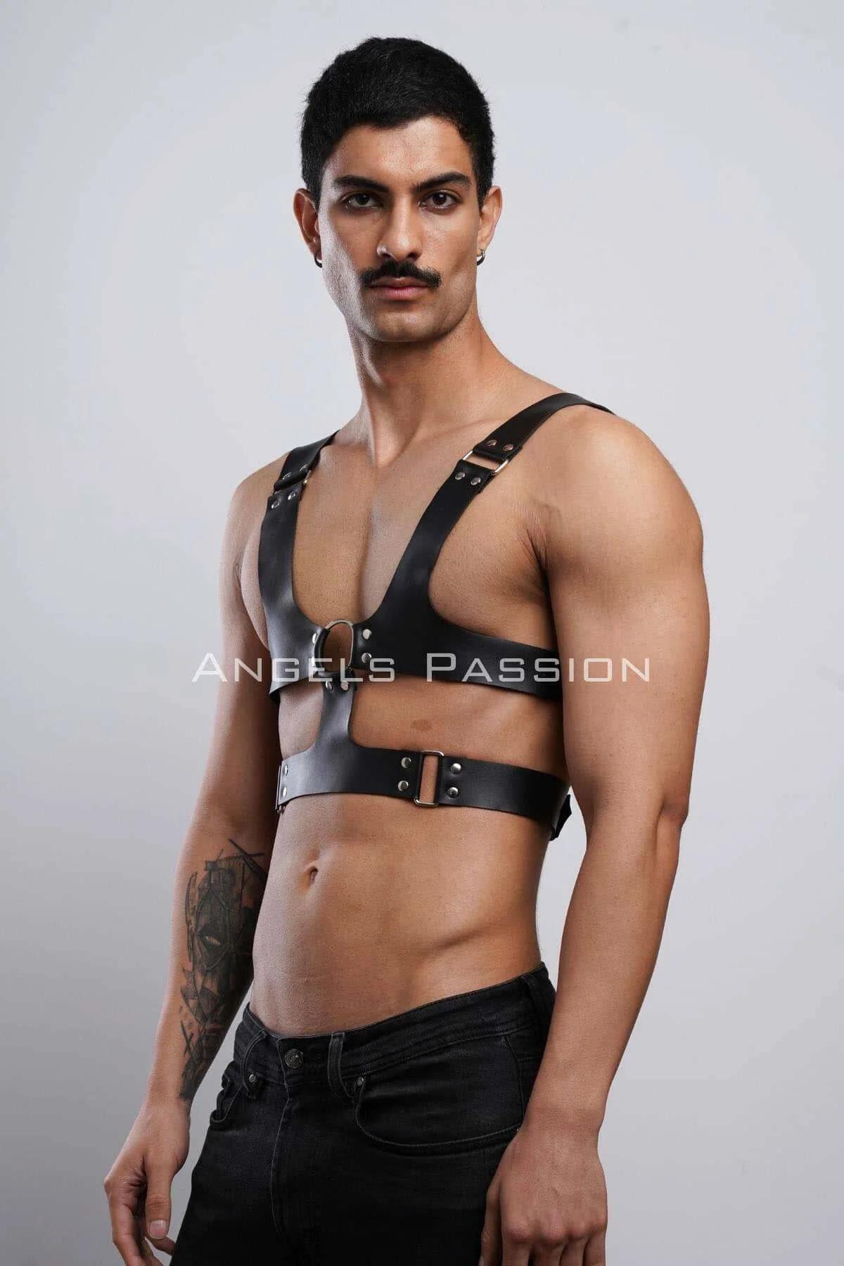 Erkek harness bel bandı bronz tokalı ayar mekanizması yan açı görünümü
