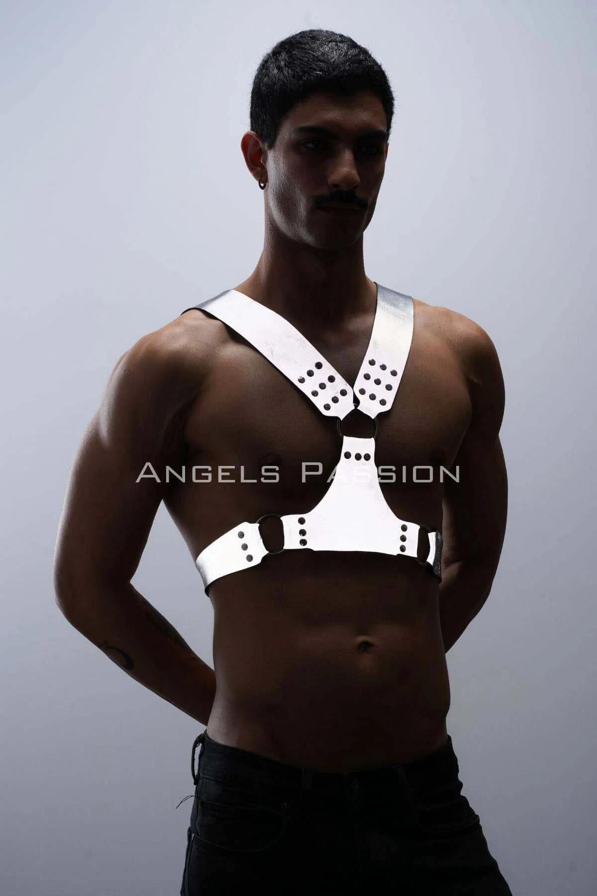 Side view of white reflective mens chest harness showing adjustable buckle and side O-ring waist strap