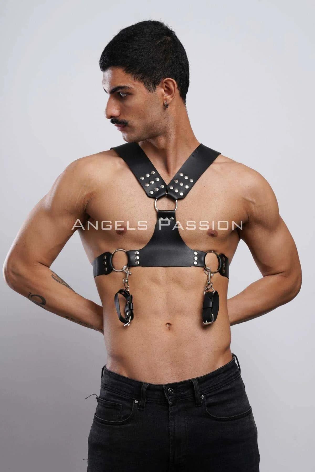 Kelepçeli Erkek Göğüs Harness, Deri Erkek Fantezi Harness, Kelepçeli Erkek Harness