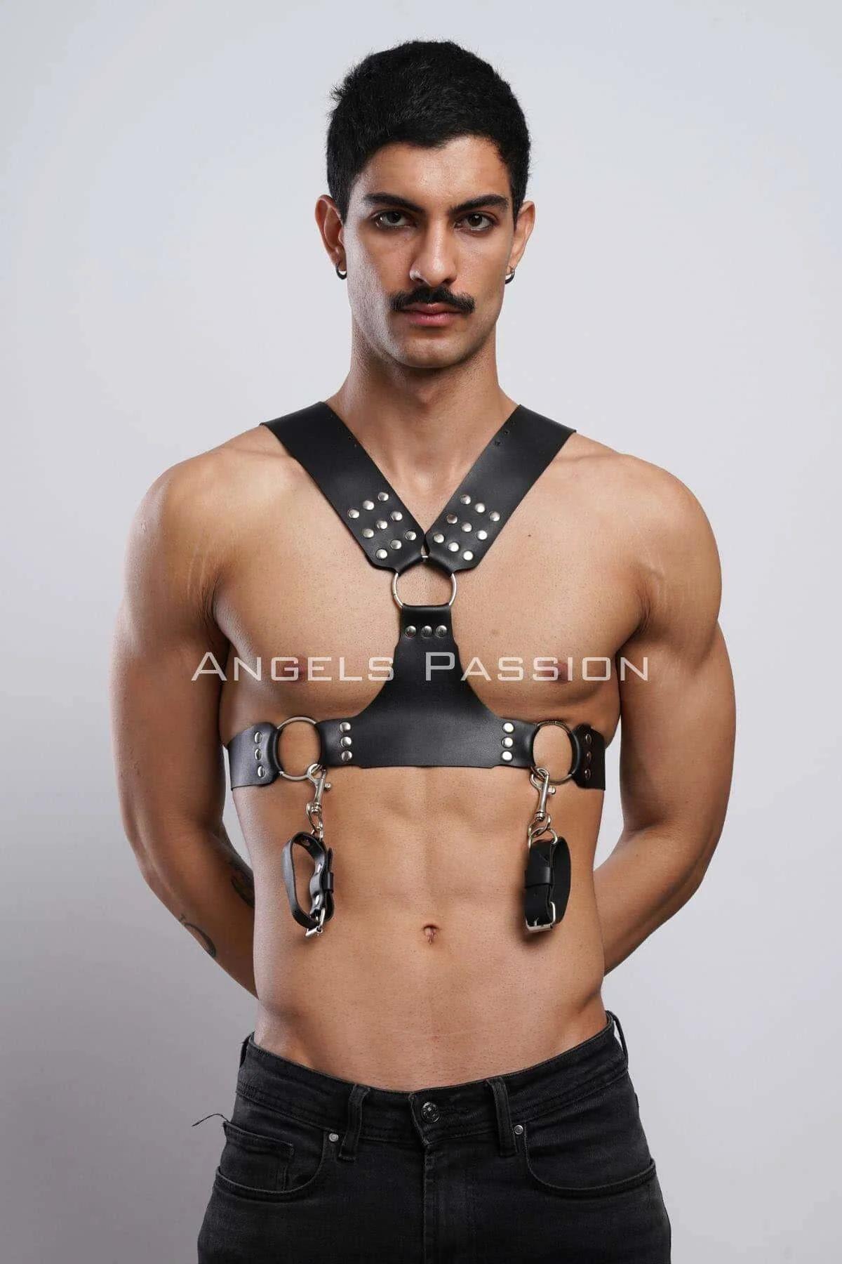 Kelepçeli Erkek Göğüs Harness, Deri Erkek Fantezi Harness, Kelepçeli Erkek Harness
