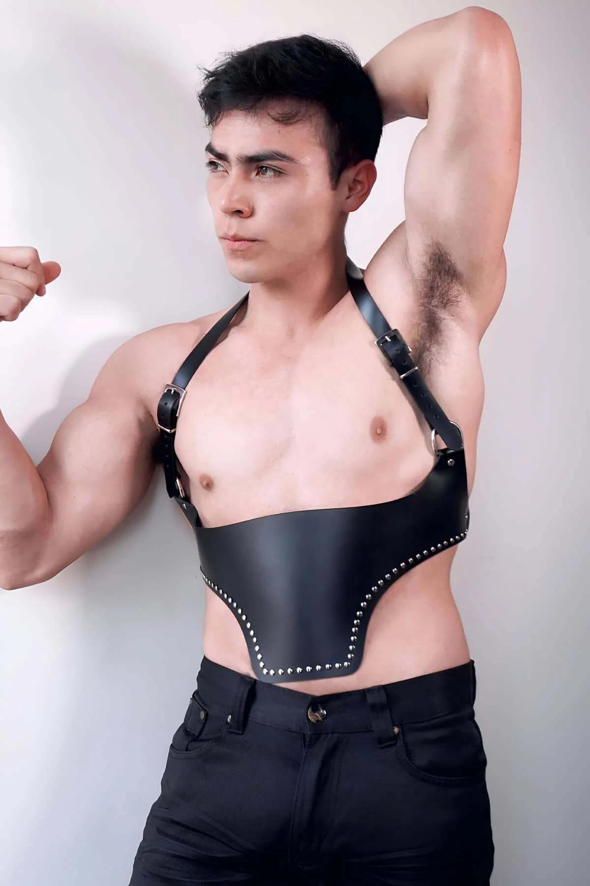 Black underbust harness structured band fit on male torso, side angle
