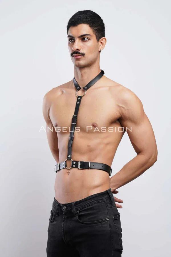siyah vegan deri boyundan askılı erkek harness gümüş O-halka ve bel bandı clubwear