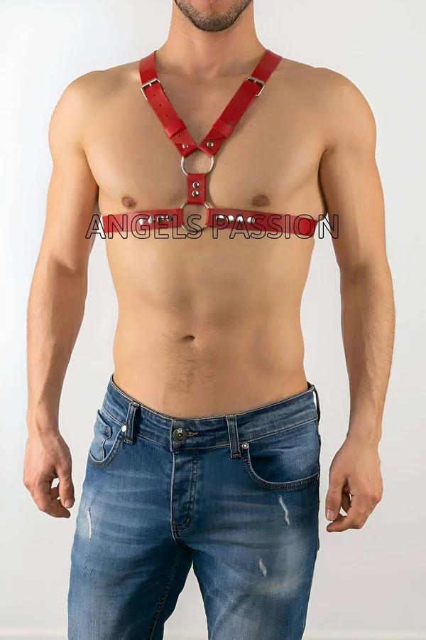 kırmızı suni deri erkek göğüs harness Y kayış gümüş O-halka ve ayarlanabilir toka