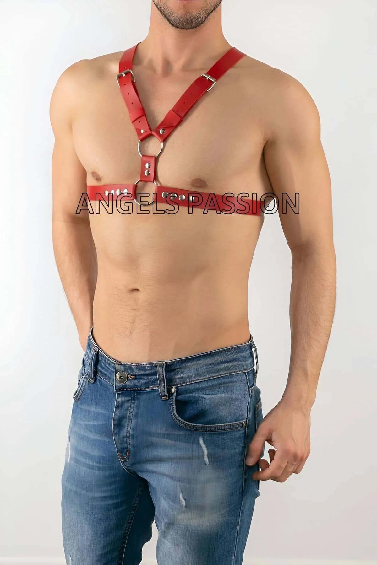 Red PU faux leather chest harness Y-strap silhouette with silver pin-buckle closures on white background
