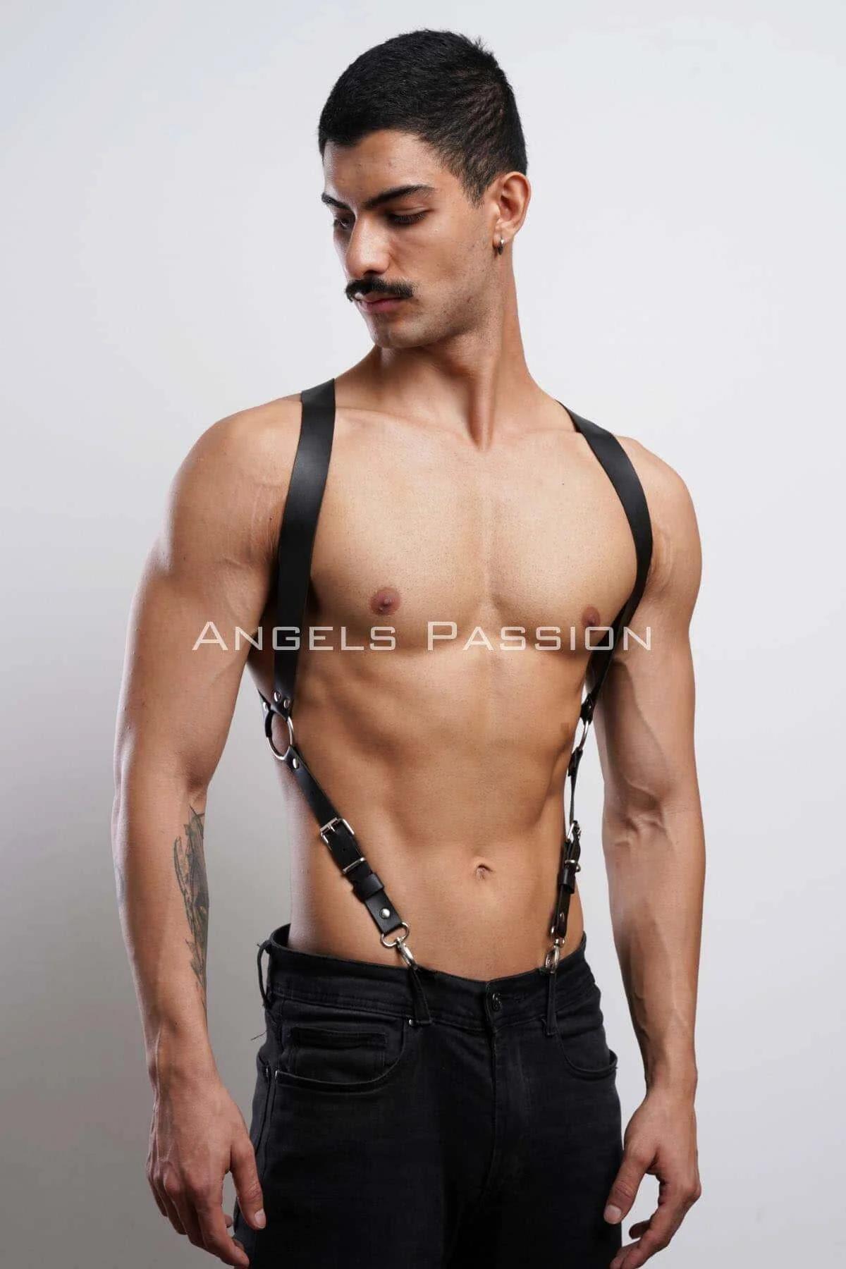 Adjustable black shoulder harness mens fashion accessories silver clip hardware detail