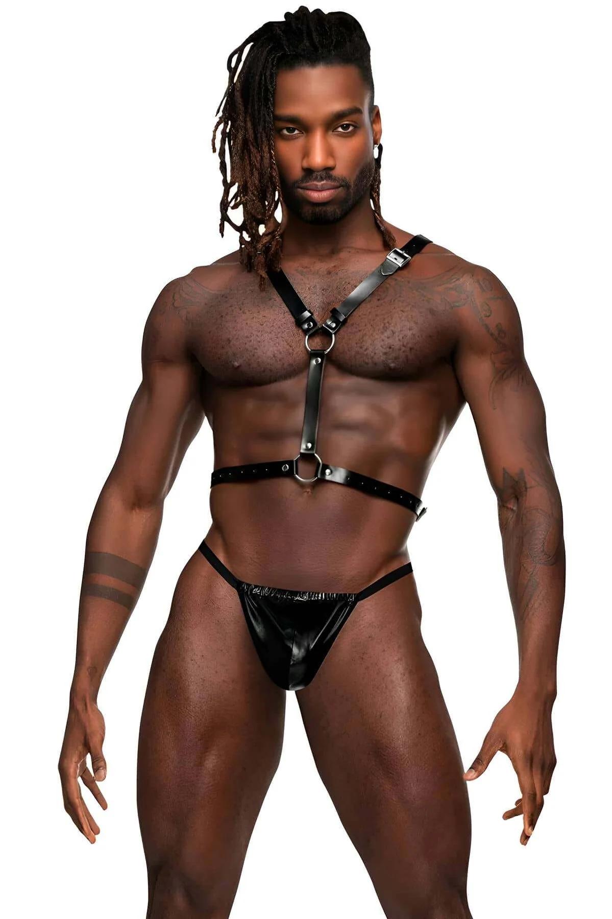 black faux leather harness vertical center strap with lower O-ring at sternum, full front profile