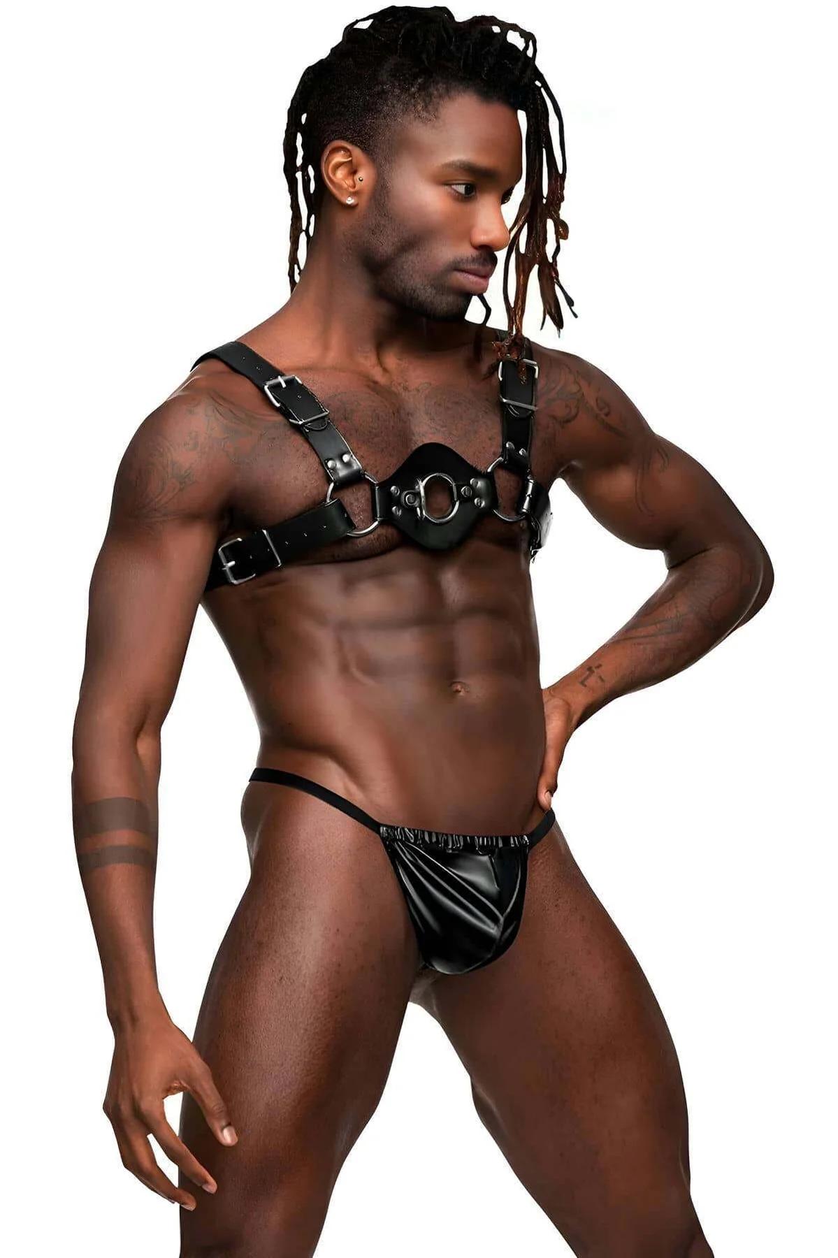 Black faux leather harness shoulder strap with silver pin-and-prong buckle adjustment
