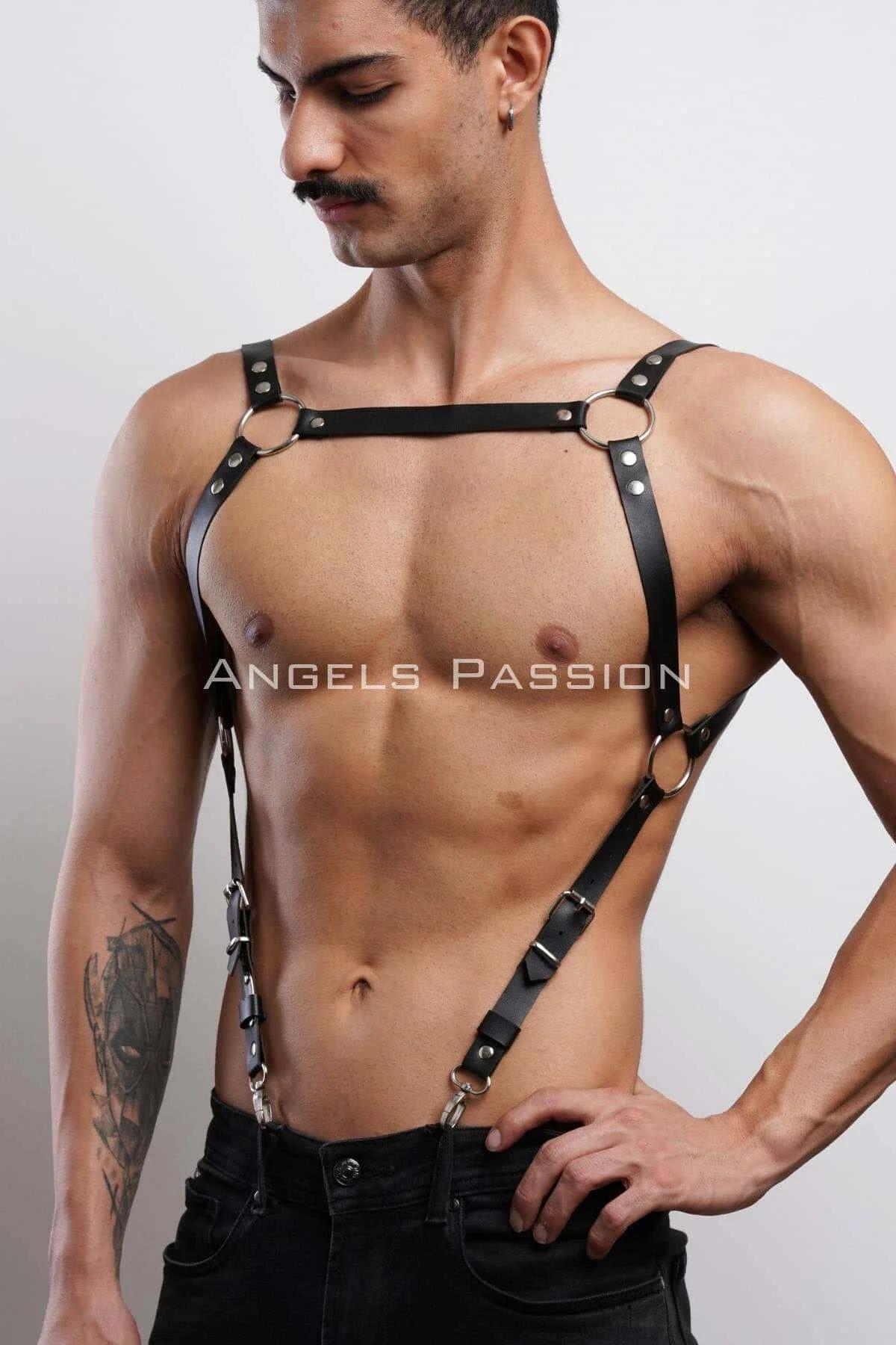 Black chest harness with silver D-ring buckles at hip level, adjustable fit