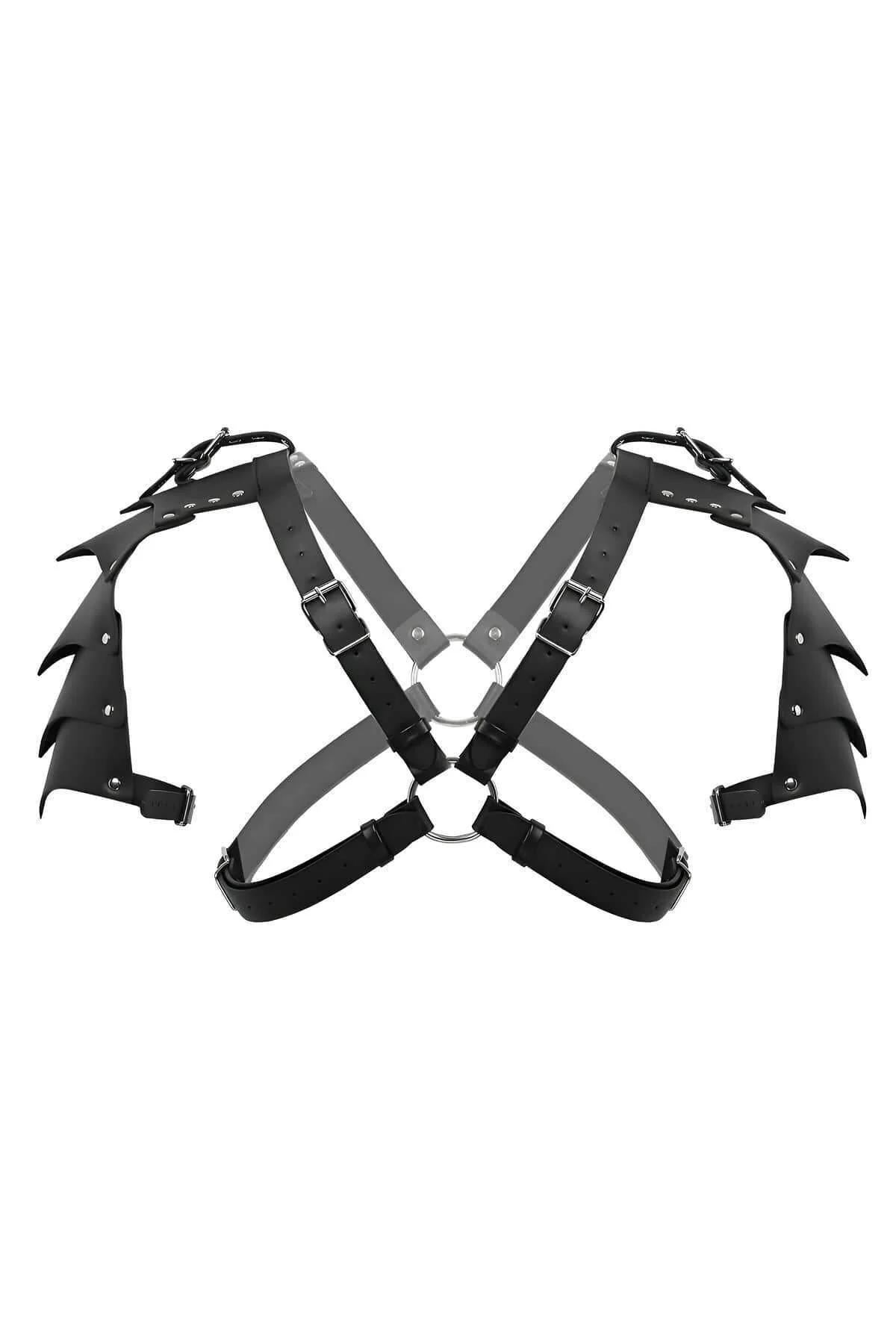 Erkek gladyatör harness siyah şerit ve gümüş metal toka beden detayı