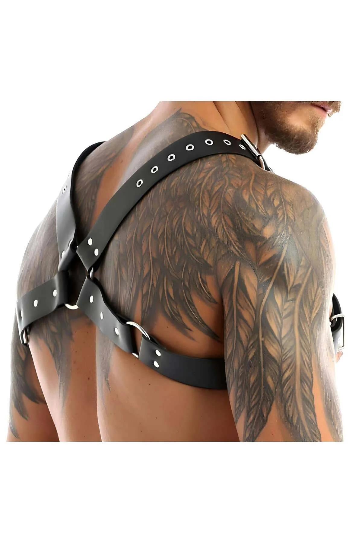 adjustable black PU leather chest harness showing X-cross strap layout and silver prong buckles