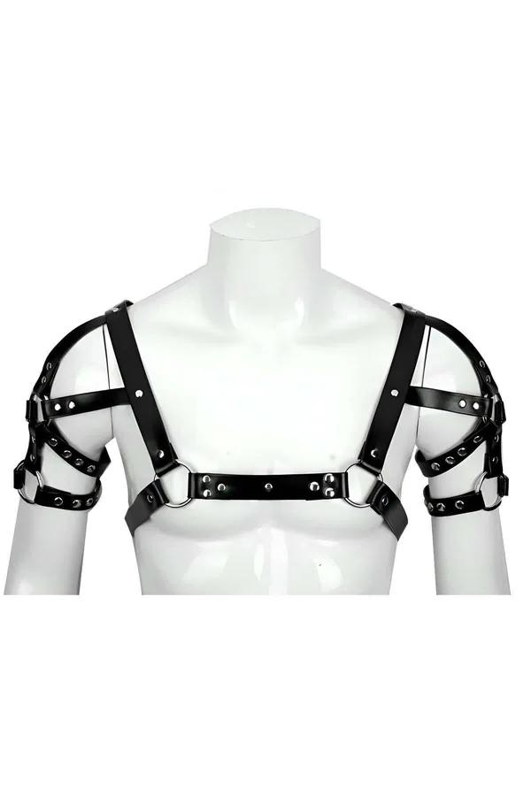 black faux leather body harness with adjustable arm cuff straps and silver O-ring hardware on mannequin