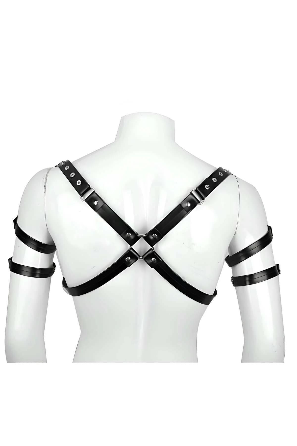 front view black PU leather chest harness with double bicep strap bands and dome rivets