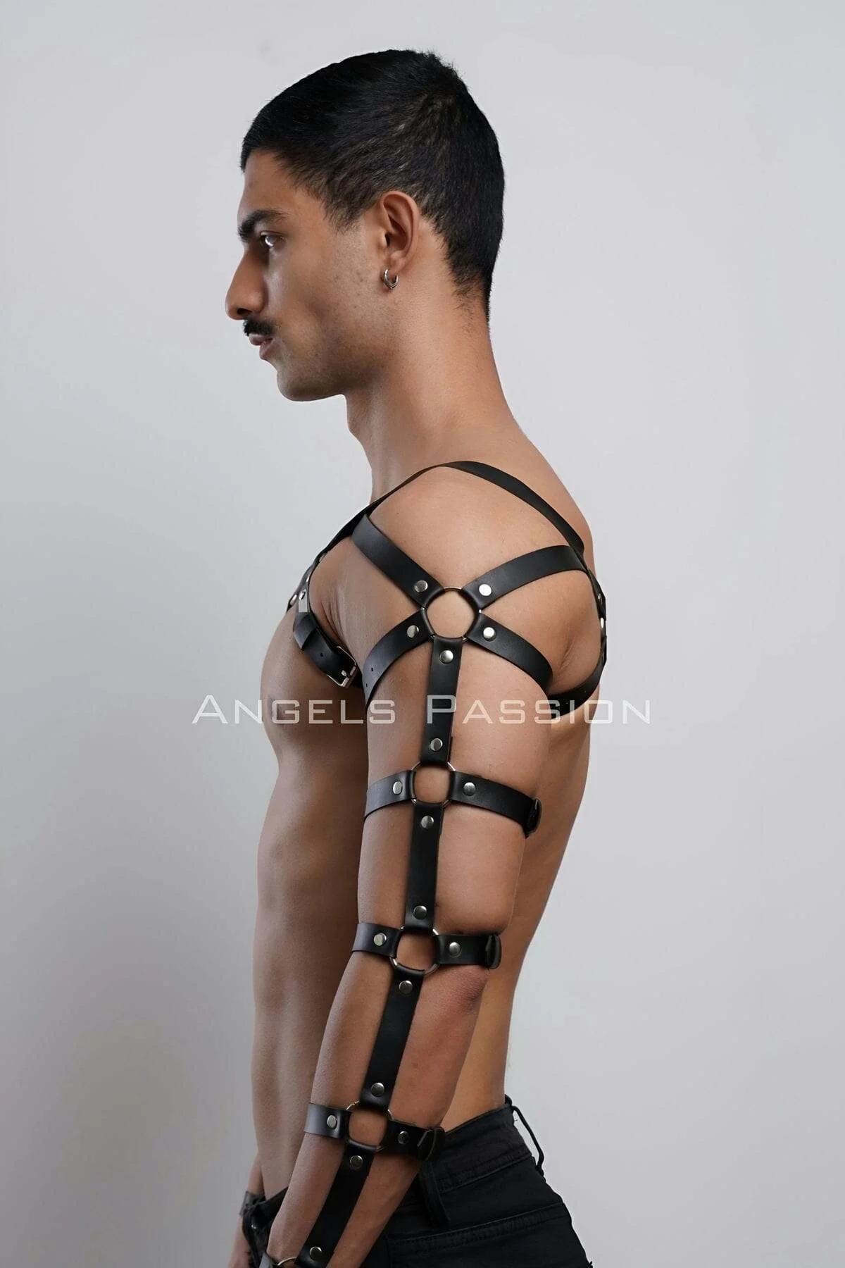 Erkek Deri Kol ve Göğüs Harness, Deri Fantazi Giyim
