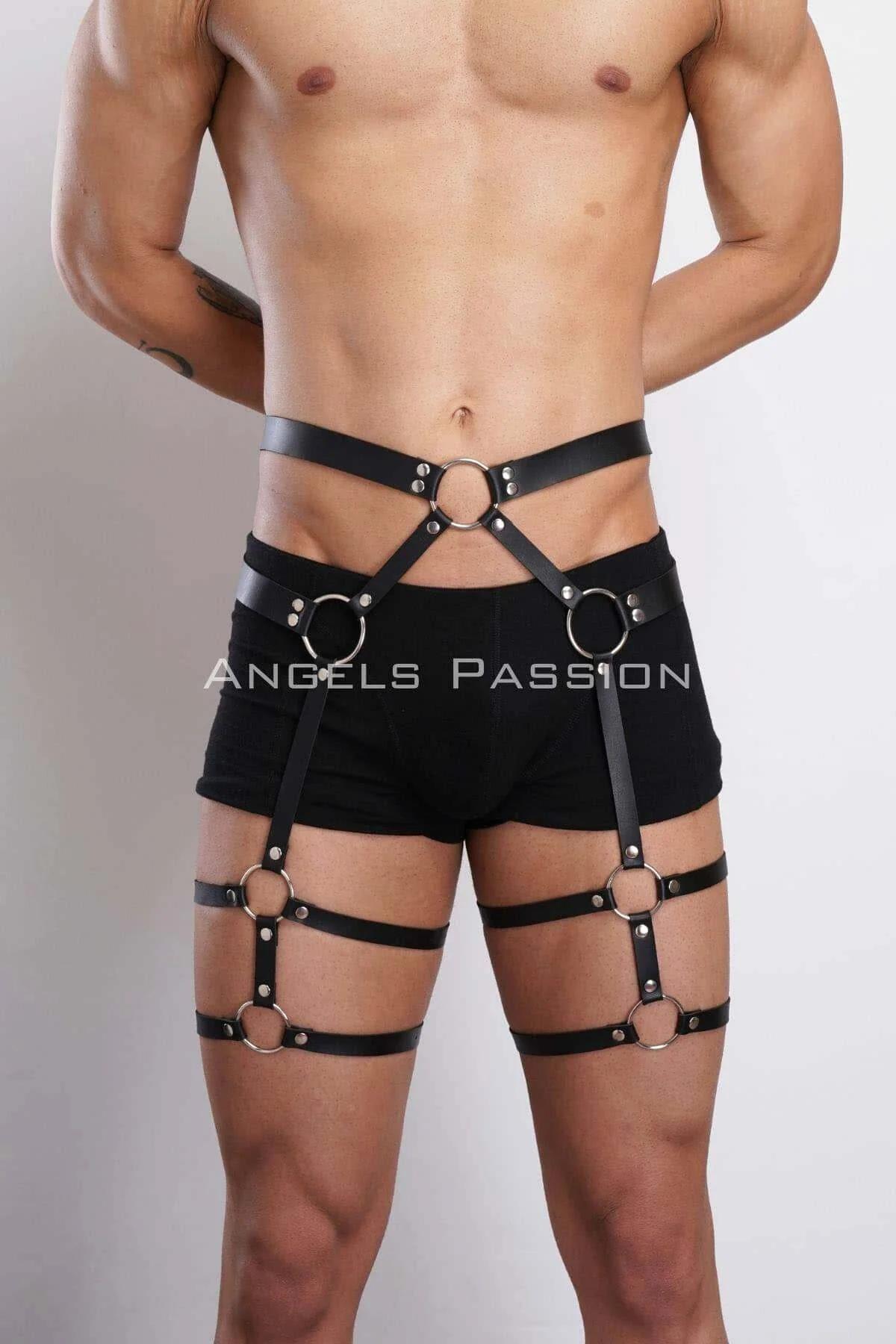 erkek bacak harness bel bandı gümüş toka ön görünüm siyah