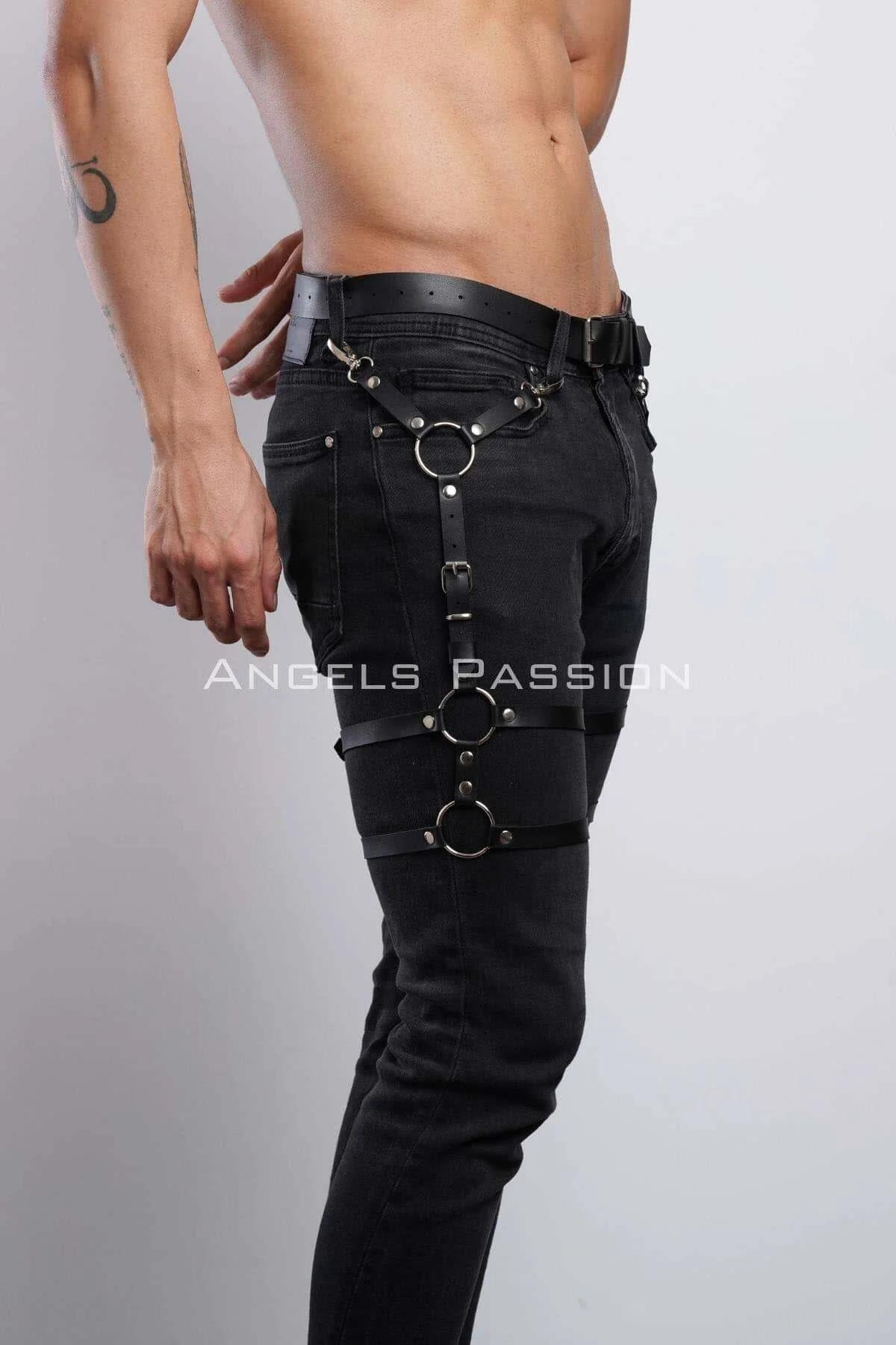 adjustable buckle closure on black PU leather thigh band leg harness side view