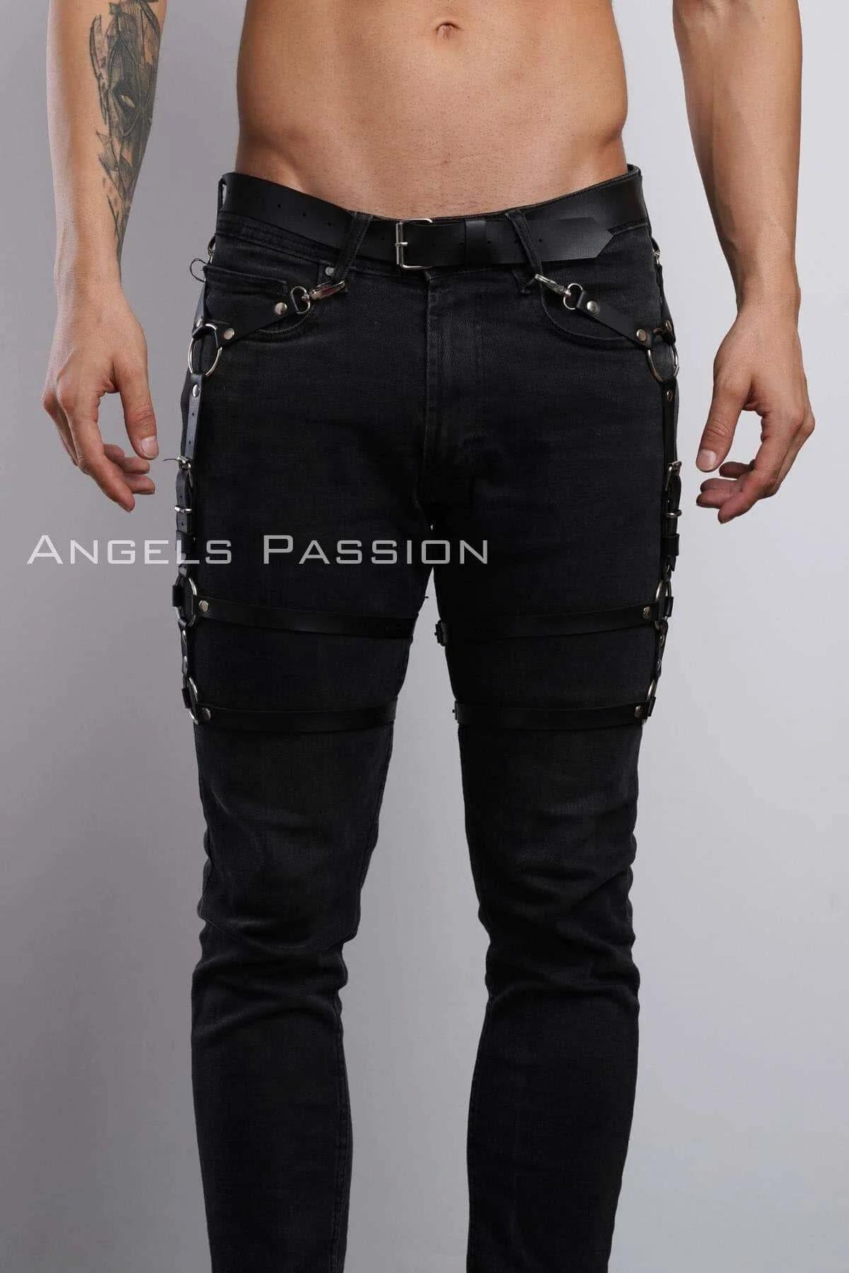 waist anchor section of black faux leather leg harness showing belt-loop fit and upper O-ring