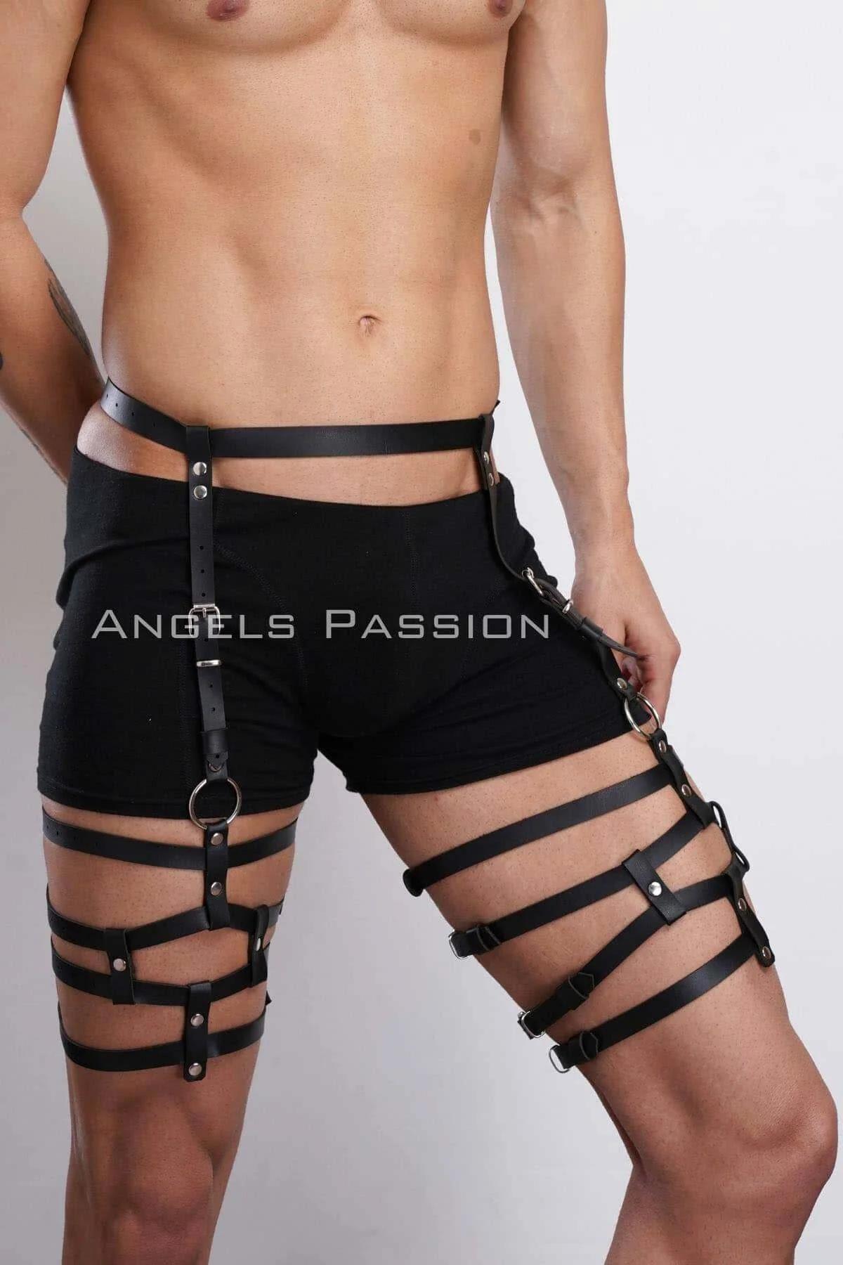 close-up of black PU strap thigh cage showing silver rectangular buckles and rivet hardware detail