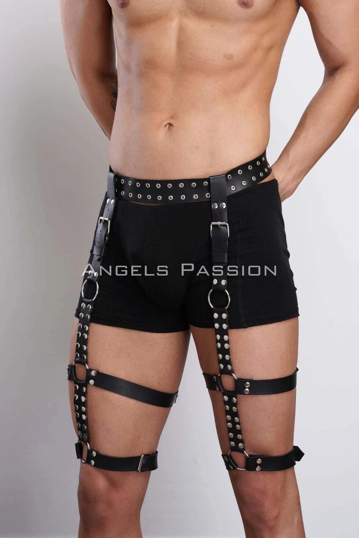 Perçin Detaylı Şık Erkek Bacak Harness, Erkek Fantazi Jartiyer Harness