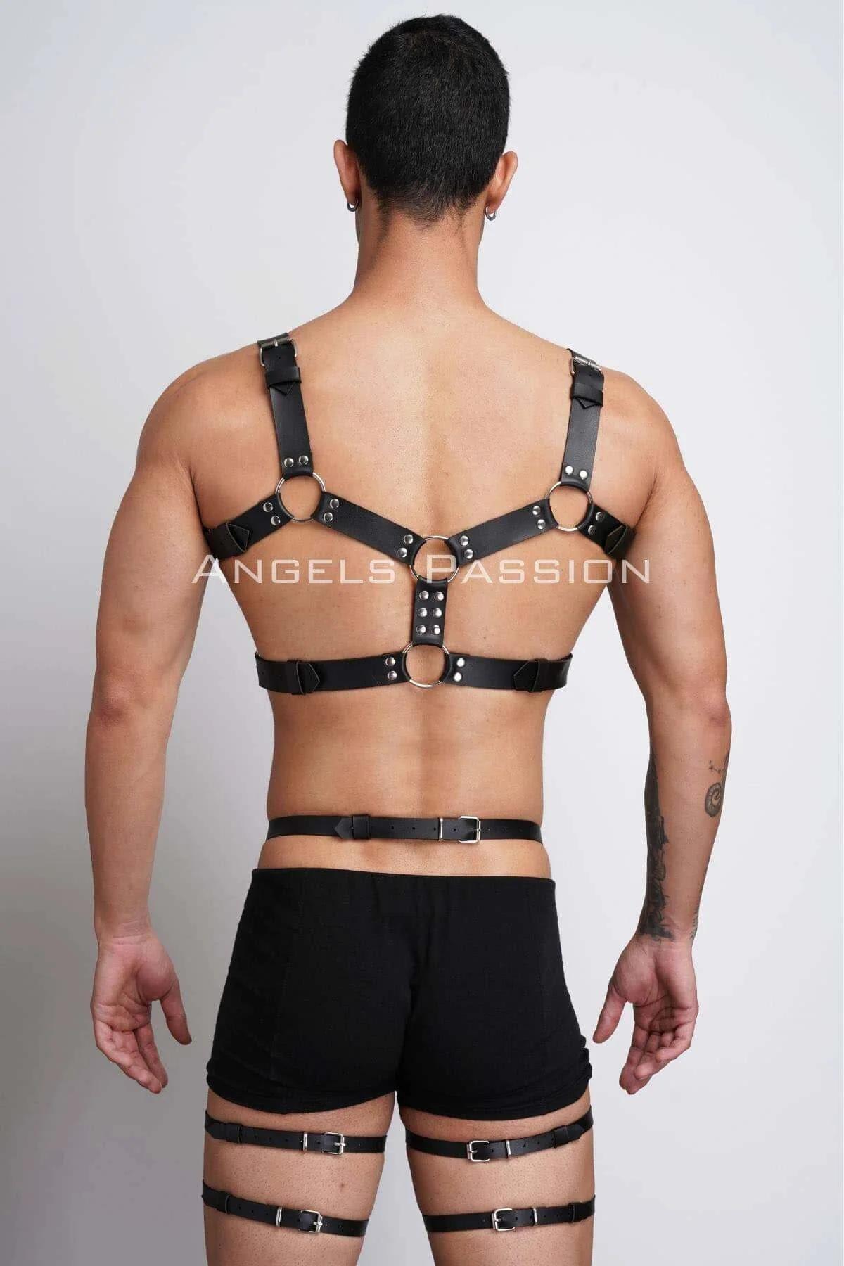 silver zinc-alloy O-ring detail on black PU strap harness accessory