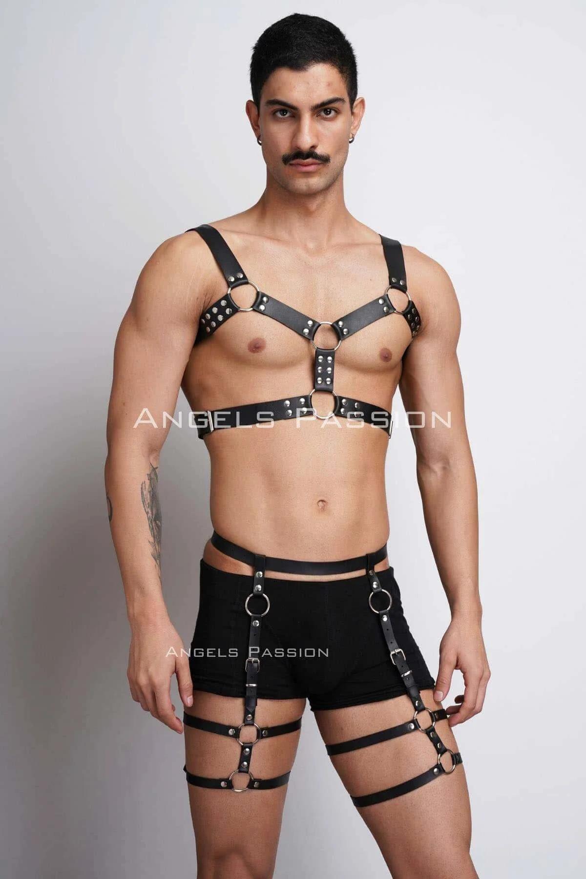 Erkek Deri Göğüs Harness ve Bacak Harness Takım