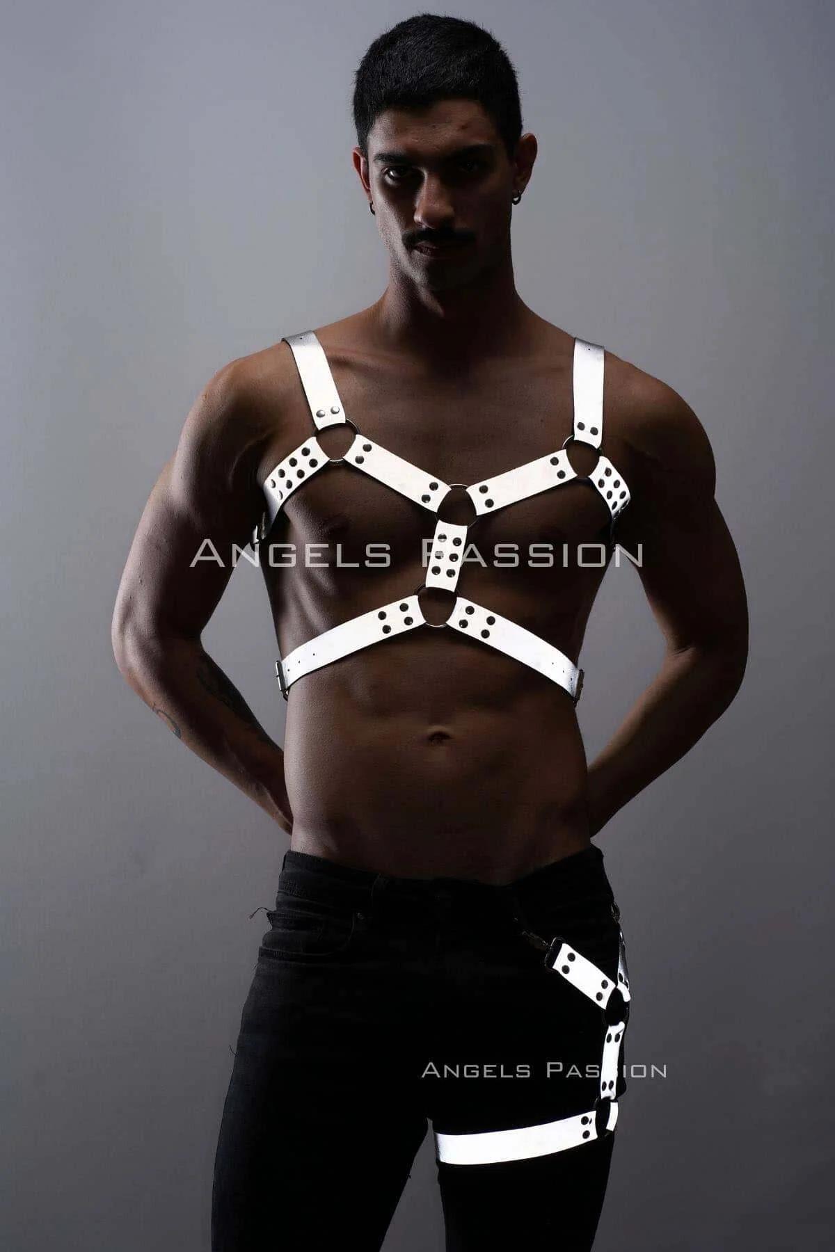Reflektörlü - Karanlıkta Yansıyan Erkek Göğüs ve Bacak Harness Takım