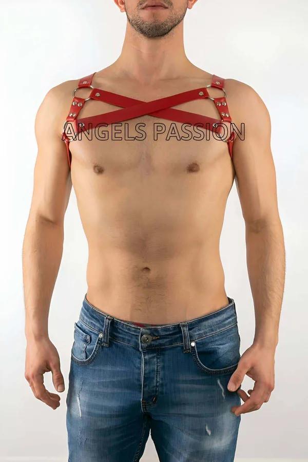 kırmızı suni deri erkek göğüs harness çapraz X kayış gümüş metal O-halkalar