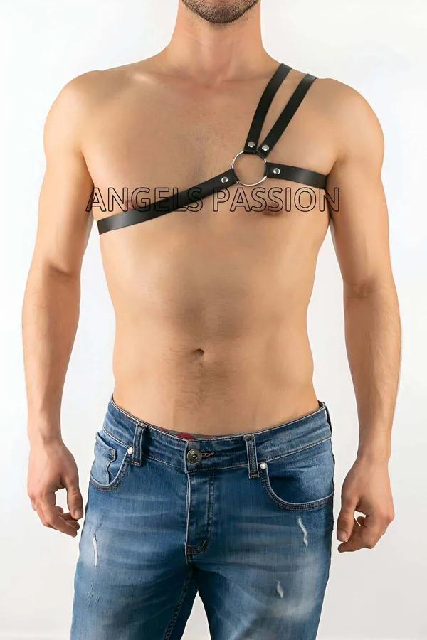 asimetrik siyah vegan deri erkek harness göğüs askısı gümüş O-halka çift omuz şeridi