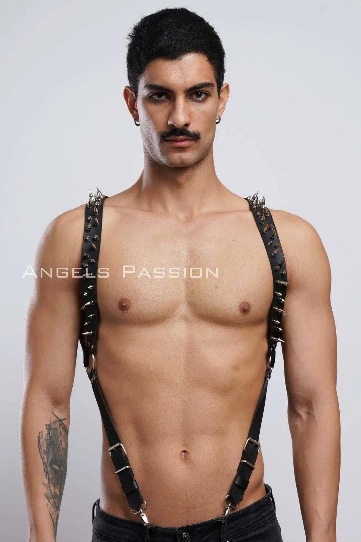 Çivi Detaylı Erkek Göğüs Harness, Erkek Clubwear, Deri Erkek Harness