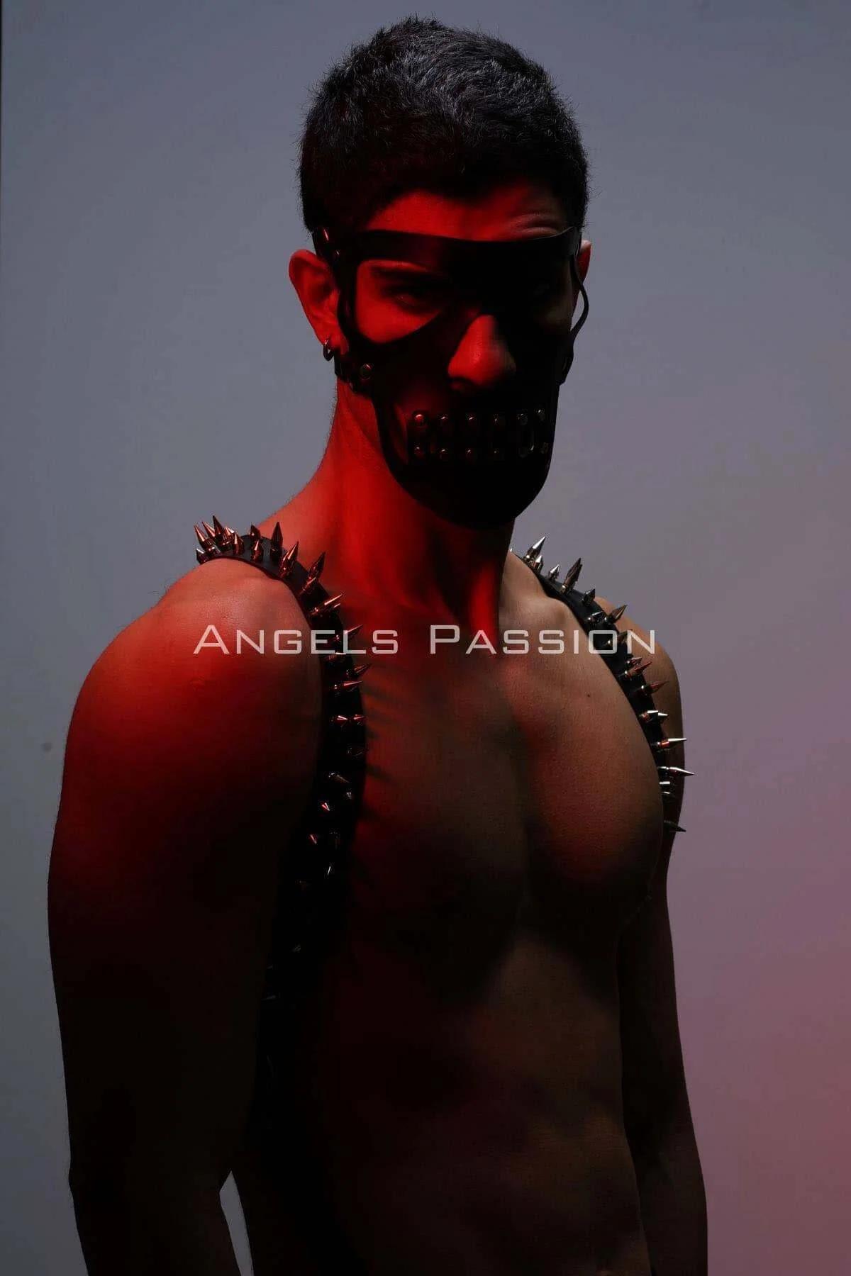 Çivi Detaylı ve Maskeli Erkek Harness Takım, Erkek Clubwear, Erkek Göğüs Harness