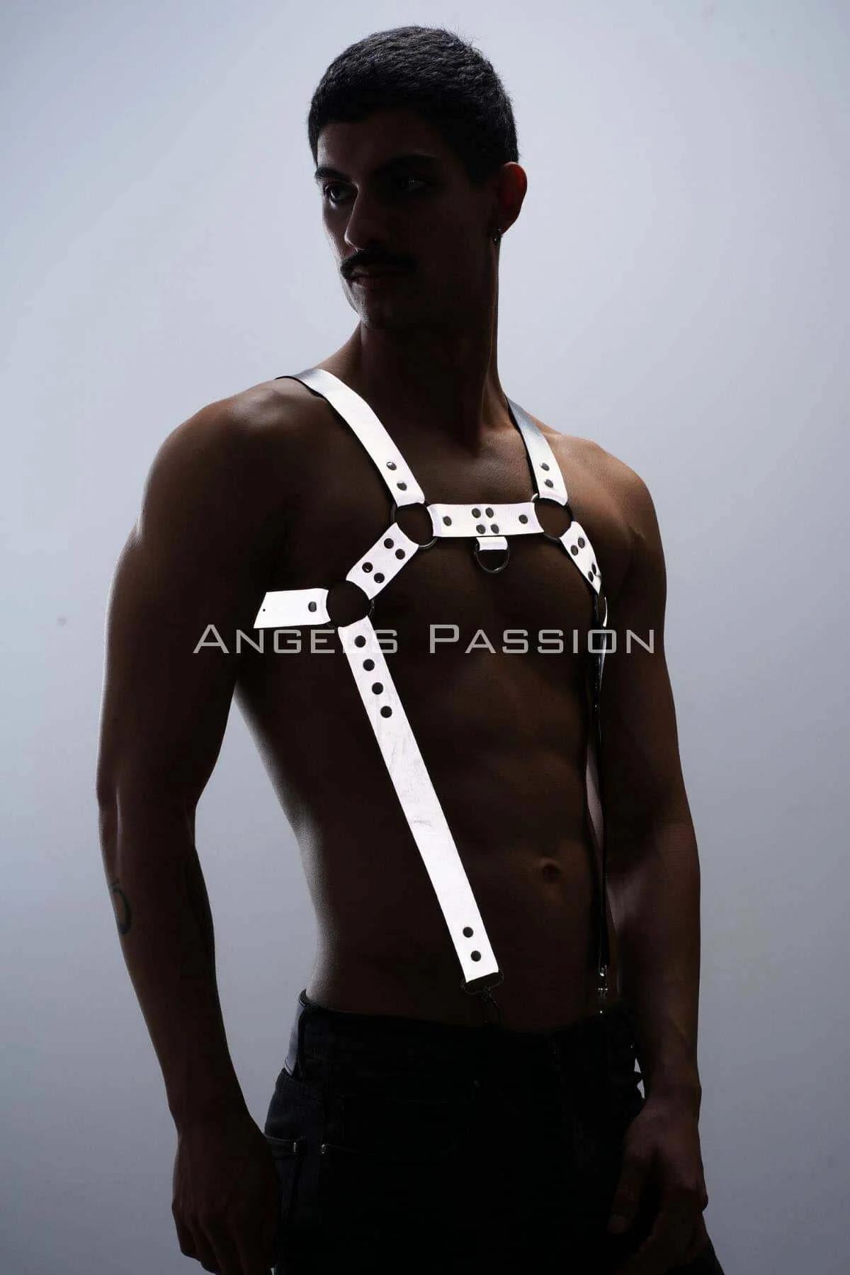Reflektörlü (Karanlıkta Parlayan) Erkek Göğüs Harness, Reflektörlü Pantolon Askısı, Clubwear