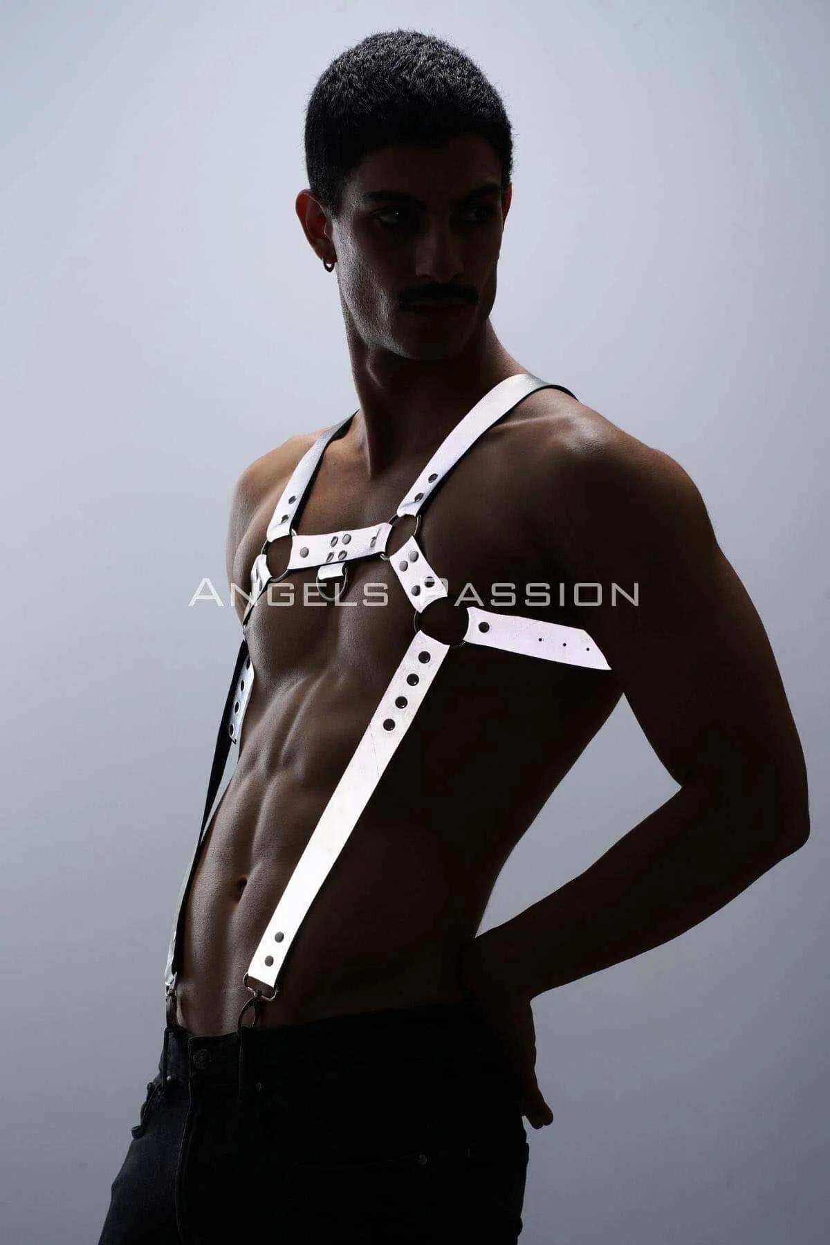 Reflektörlü (Karanlıkta Parlayan) Erkek Göğüs Harness, Reflektörlü Pantolon Askısı, Clubwear