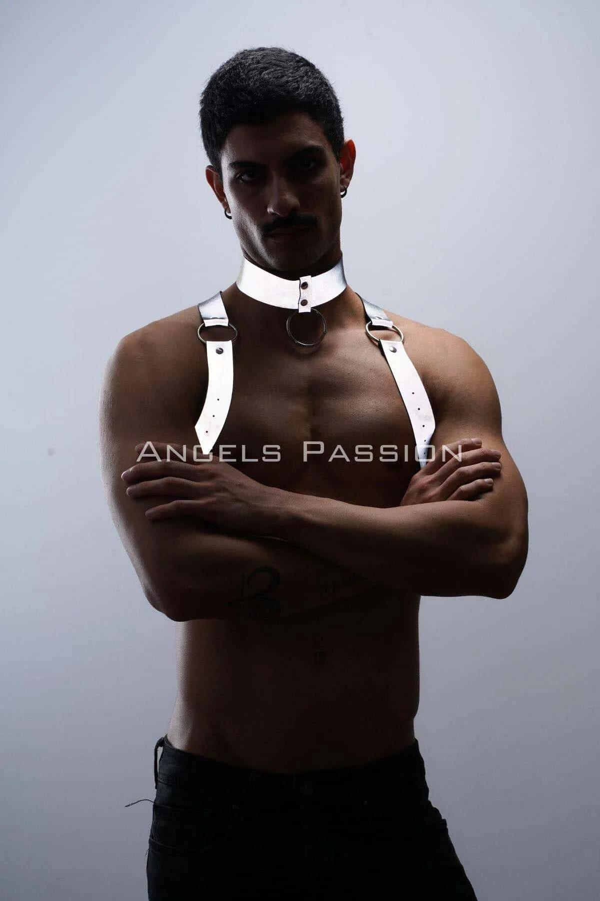 White reflective harness and choker set flat lay showing full strap layout and hardware