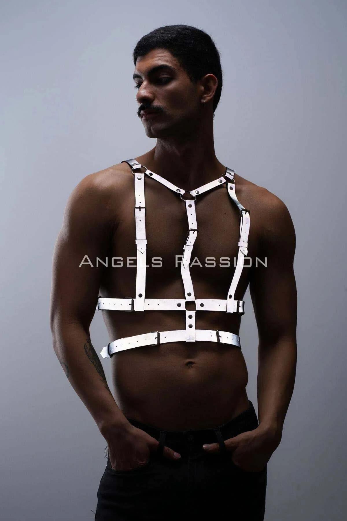 Adjustable white chest harness waist band with silver pin buckle detail, mens festival accessory