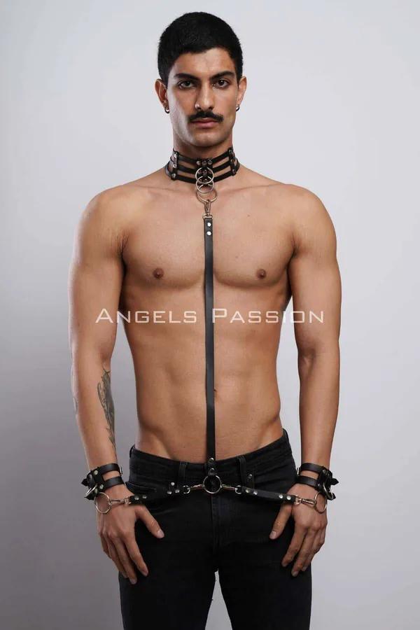 siyah vegan deri erkek choker takım O-ring gümüş donanımlı bileklik zinciri harness aksesuar seti