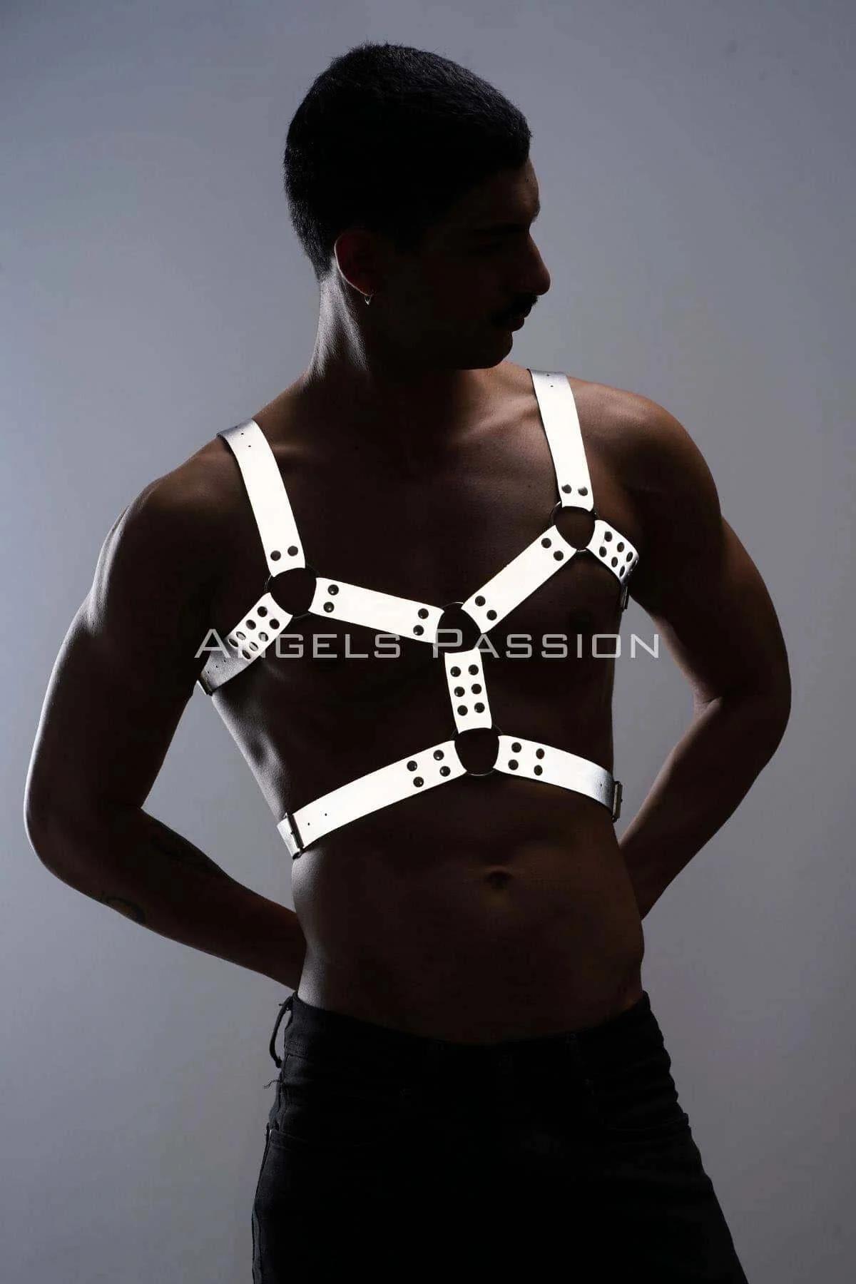 White reflective chest harness front view showing H-frame strap layout and black metal O-rings