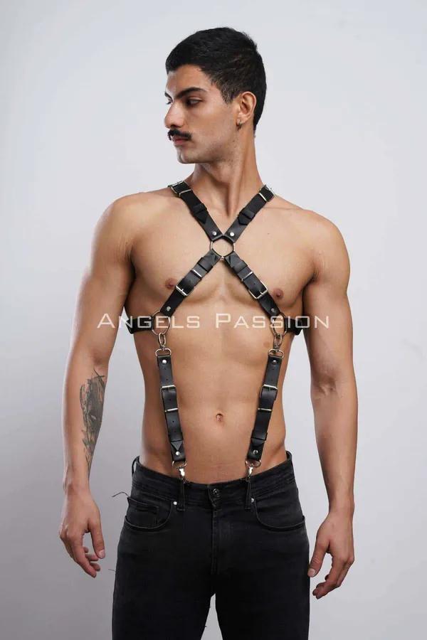 Siyah vegan deri erkek göğüs harness altın O-halkalı X çapraz kayış pantolon askısı ile