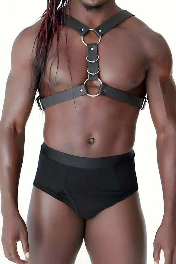 Siyah suni deri erkek göğüs harness altın O-halka ve D-ring detaylı, S/M-4XL/5XL beden