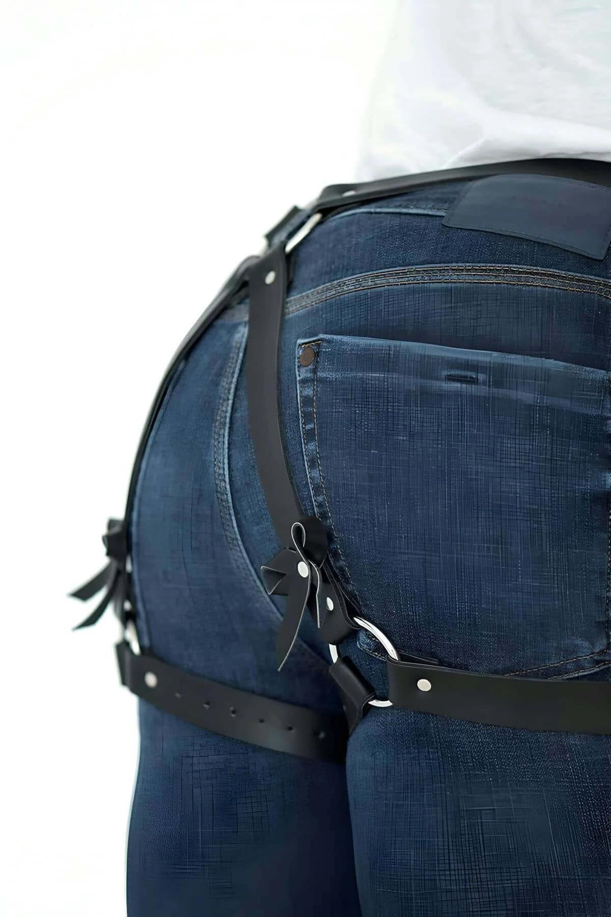 siyah PU deri erkek harness bel bandı gümüş O-halka detayı